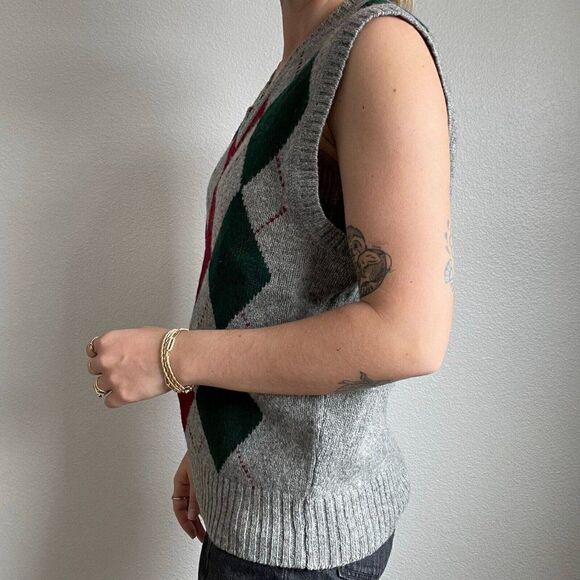 Vintage 90s Claybrooke Wool Red Green Argyle Preppy Christmas Sweater Vest Sz L - Picture 4 of 8